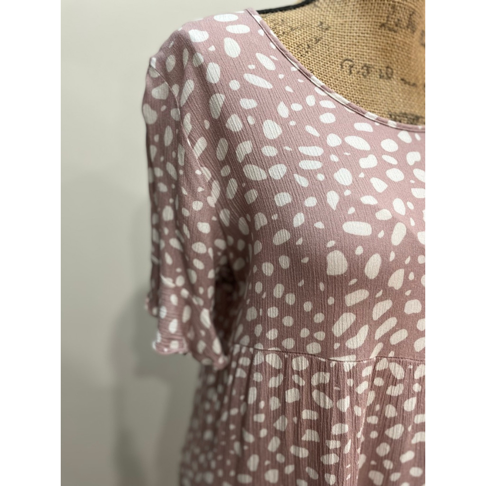 Papillon Mauve White Spotted Tiered Babydoll Dress M Deer Print Boxy Oversized - Picture 2 of 7